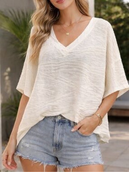 BUCKETLIST Tops - BUCKETLIST Cream Textured V-Neck Boxy oversized Tunic 100%‎ cotton Medium USA